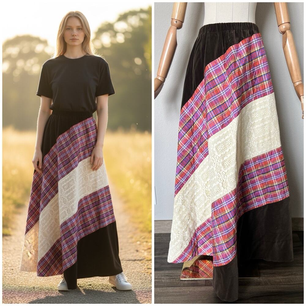 Vintage Chessa Davis Womens Maxi Skirt Velvet Lace Quilted Cottagecore Boho S/M